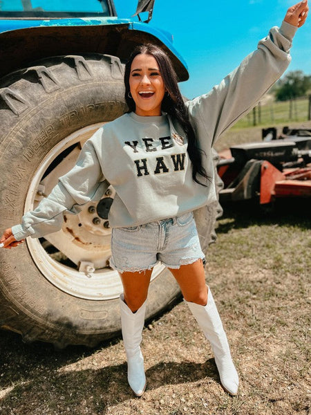 Yee Haw Tan Happy Cowboy Chenille Patch Sweatshirt