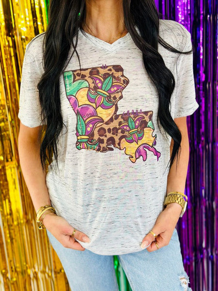 Louisiana Leopard Mardi Gras V-Neck Tee