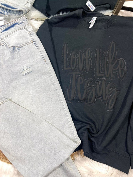 Black puff and glitter vinyl graphic tee with the text 'LOVE LIKE JESUS' printed on the front.