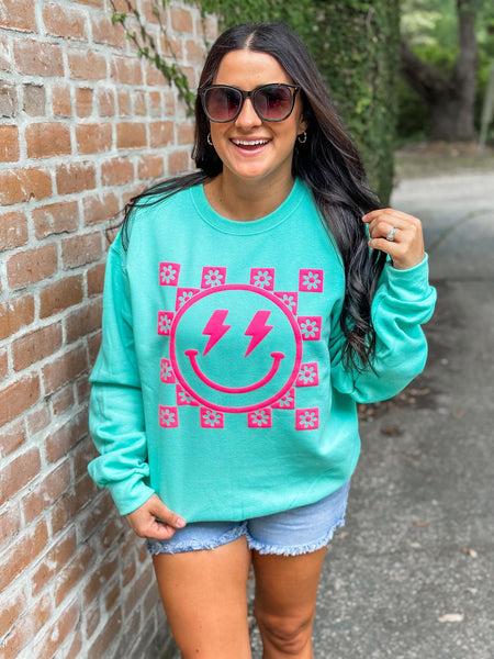 Happy Lightning Floral Checkered Puff Sweatshirt