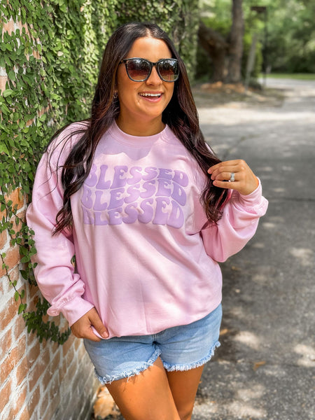 Retro Wavy Stacked Blessed Puff Sweatshirt