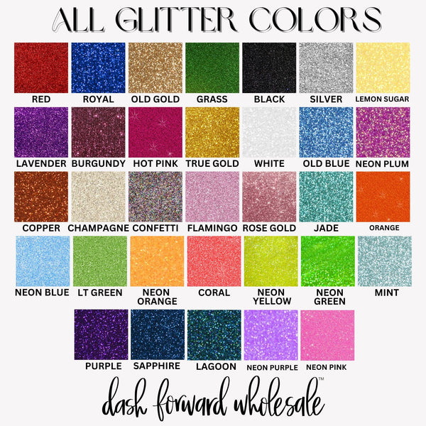 Chart displaying various glitter colors with corresponding names, branded as 'dash forward wholesale'.